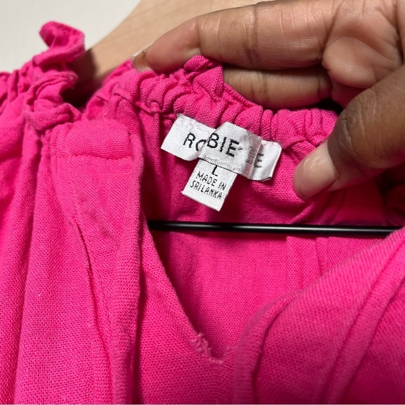 Robbie Bee Women Linen Dress Large Hot Pink Shift Split Neck Coastal Preppy - Picture 3 of 10